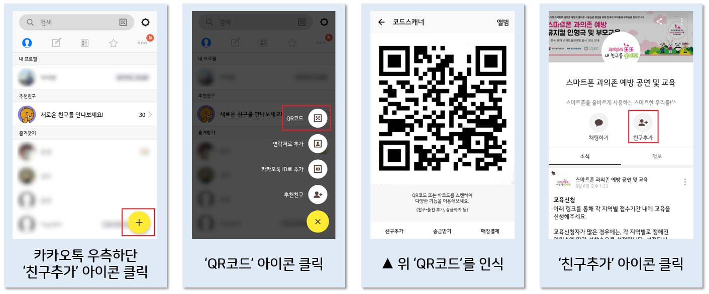 카카오톡 우측하단 친구추가 아이콘 클릭 → QR코드 아이콘 클릭 → 위 QR코드를 인식 → 친구추가 아이콘 클릭
